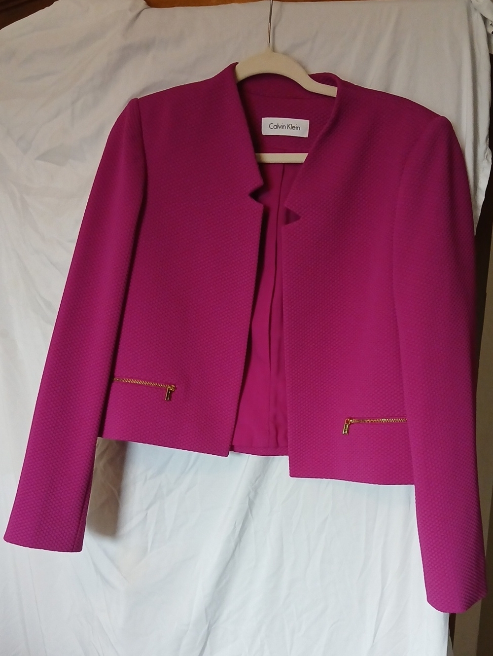 Calvin Klein Women's Fuchsia Textured Open Blazer with Gold Zippers